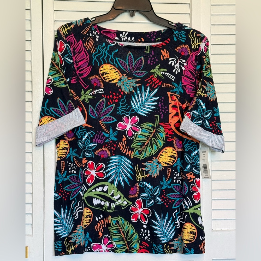 Westbound Ladies Petite Multicolor Tropical Print Short Sleeve Top